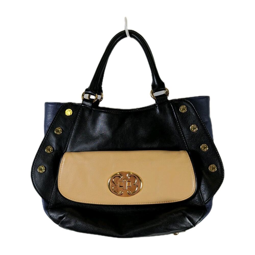 Emma Fox Colorblock Turnlock Studded Double Handled Satchel Black Blue Beige